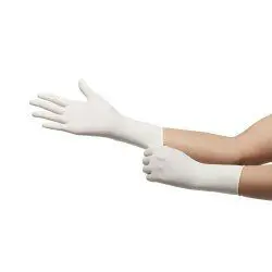 Hands putting on white disposable gloves.