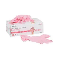 Box of pink disposable gloves with some gloves displayed outside.