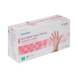 Box of pink nitrile powder-free examination gloves.