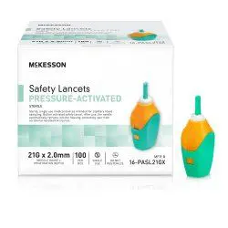 Box of McKesson safety lancets for blood sampling.