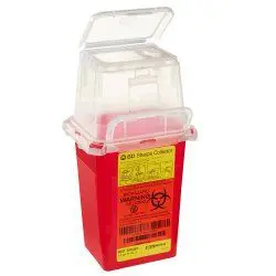 Red biohazard sharps container with open lid for safe disposal of needles.