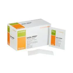 Skin-PREP skin antiseptic wipes in individual packets with box packaging.
