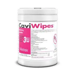 Container of CaviWipes disinfectant wipes by Metrex.