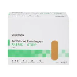 Box of McKesson adhesive fabric bandages with a single bandage shown.