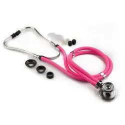 A pink stethoscope with extra ear tips on a white background.