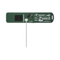 Green digital moisture meter with a probe for measuring soil moisture.