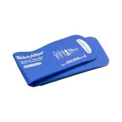 Blue plastic card holder with a white label on top.