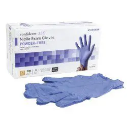 Box of blue nitrile exam gloves with a pair displayed.