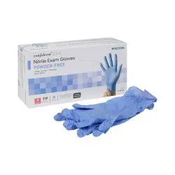 Box of blue disposable gloves with one glove outside.