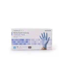 Box of nitrile exam gloves with a blue glove displayed.