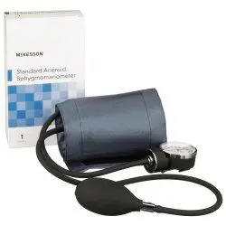Manual blood pressure cuff with bulb and gauge.