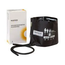 Medical device with a black blood pressure cuff and white box.