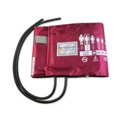 A red blood pressure cuff with attached tubes.