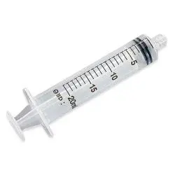 A transparent plastic syringe with measurement markings and a plunger.