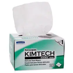 Box of Kimtech Science Kimwipes dispensing white tissues.