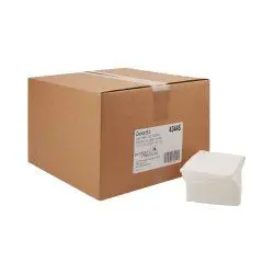 A large cardboard box with a stack of white napkins beside it.