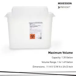 White McKesson container for medical waste with hazard label.