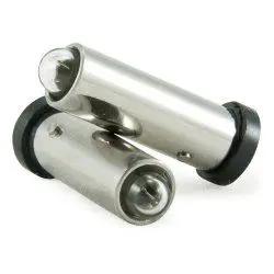 Two silver bicycle headlights with black accents.