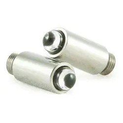 Two silver flashlight bulbs with screw bases.