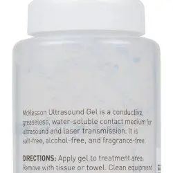 A bottle of ultrasound gel with usage instructions.