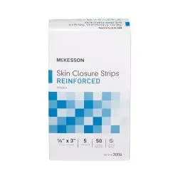 Box of reinforced skin closure strips for wound care.