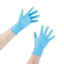 Pair of blue disposable gloves worn on hands.