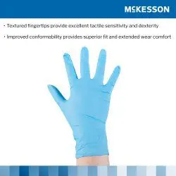 Blue McKesson disposable glove on display.