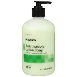 Bottle of antimicrobial soap with a pump dispenser.
