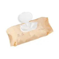 A beige pack of wet wipes with a white flip-top lid.