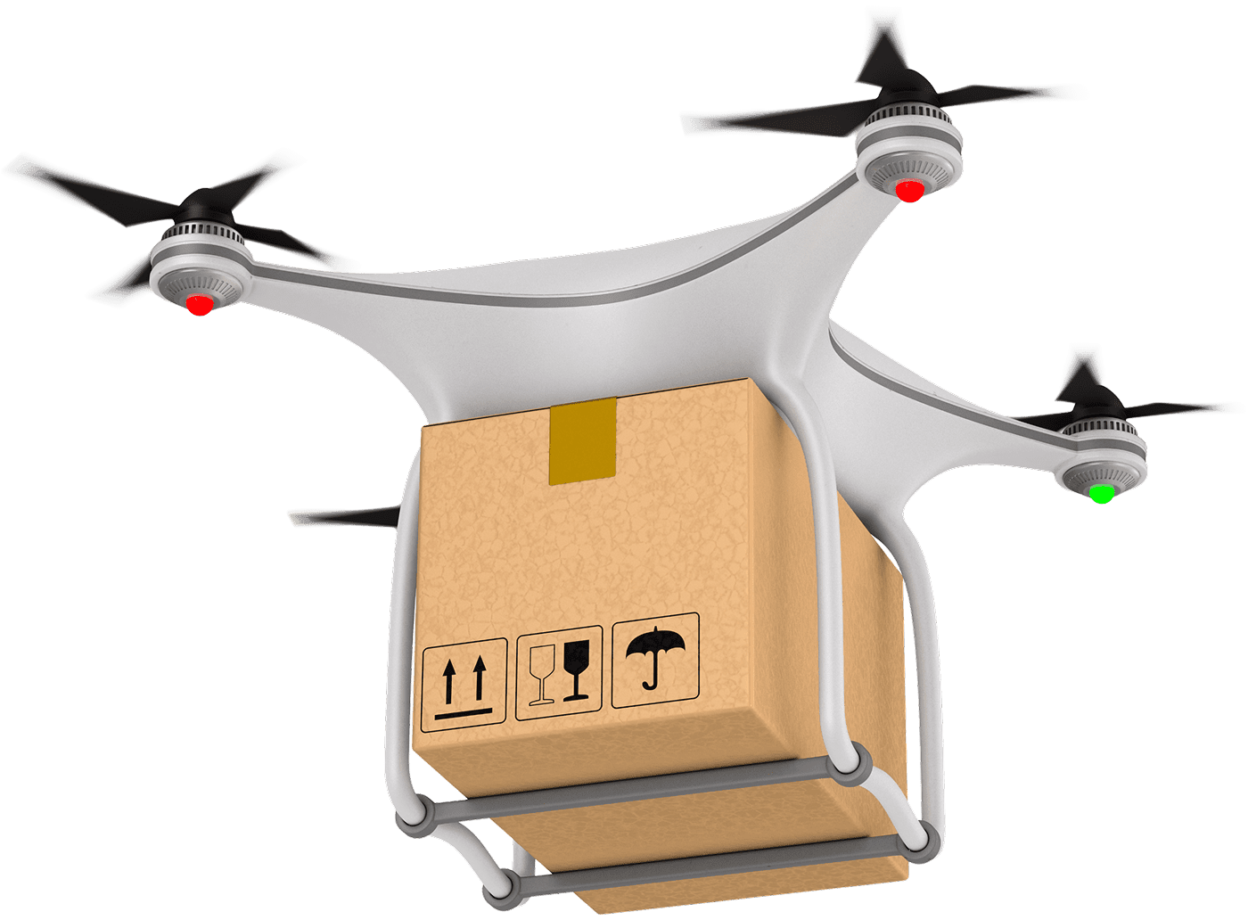 Drone carrying a package in flight.